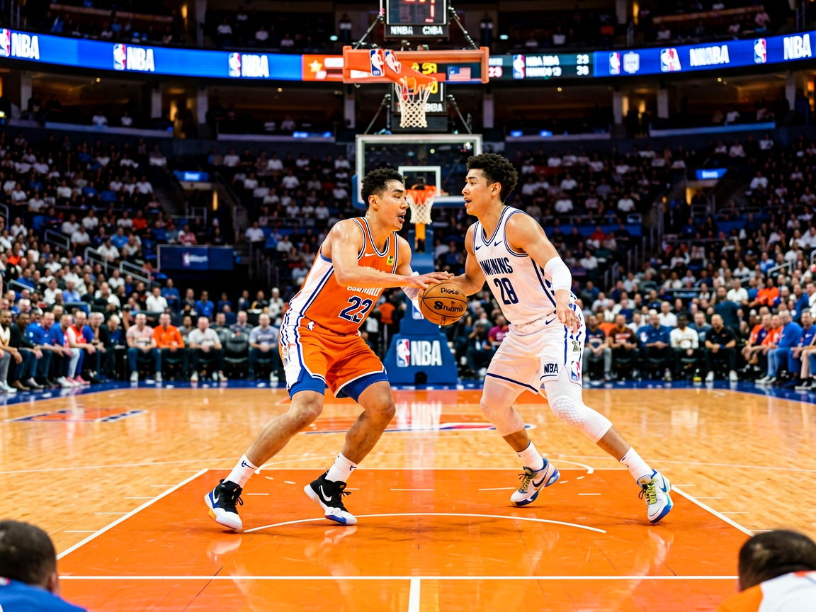 NBA职业篮球联赛赛场，球员在标志性橙色篮球场上竞技