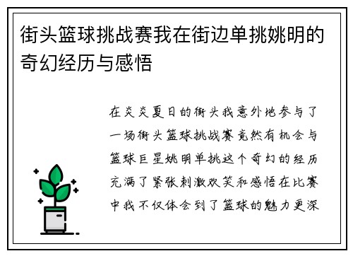 街头篮球挑战赛我在街边单挑姚明的奇幻经历与感悟